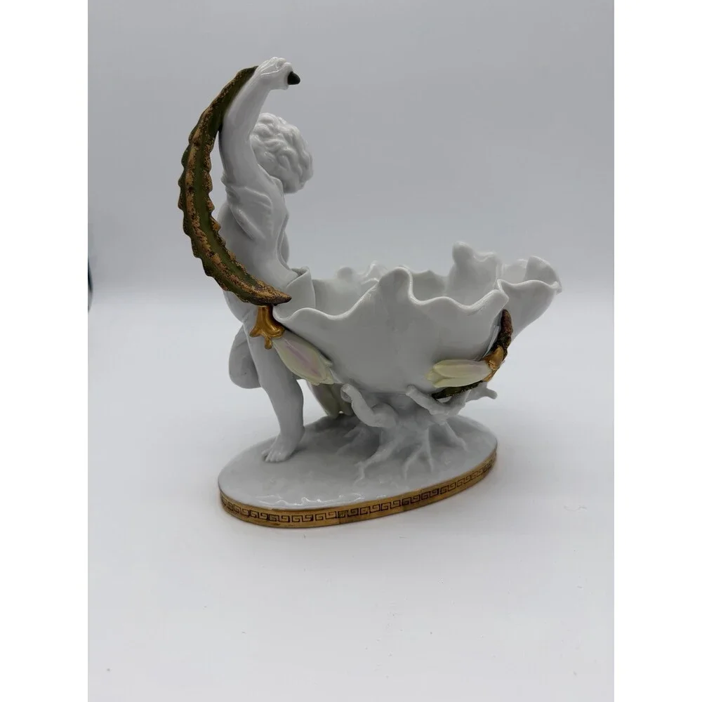 Antique Moore Bros White/Gold Trim Orchid Porcelain Putti Cherub Bowl Sculpture